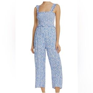 Lost + Wander blue floral smocked jumpsuit medium